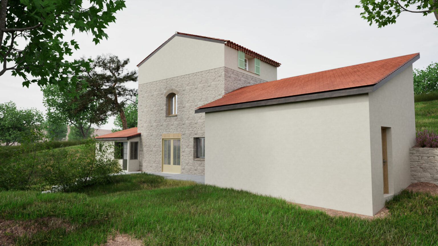Vue 3D photoréaliste de l’auberge surélevée à Montauroux