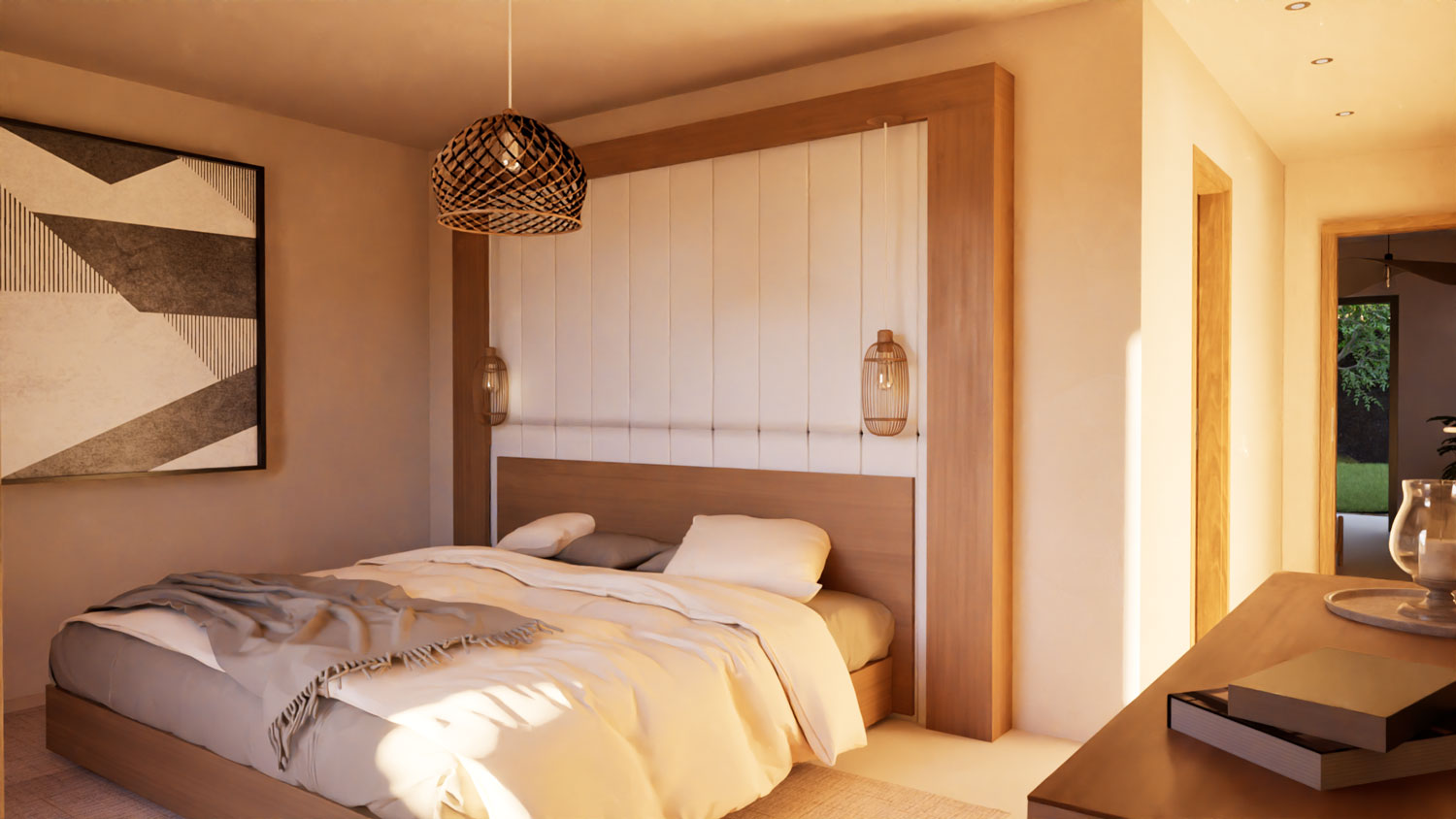 Rendu 3D immersif d'une chambre d'intérieur moderne avec lit en bois clair, tête de lit en panneaux blancs et bois, éclairage naturel chaleureux et touches déco naturelles, réalisé avec Twinmotion pour visualiser avant travaux.