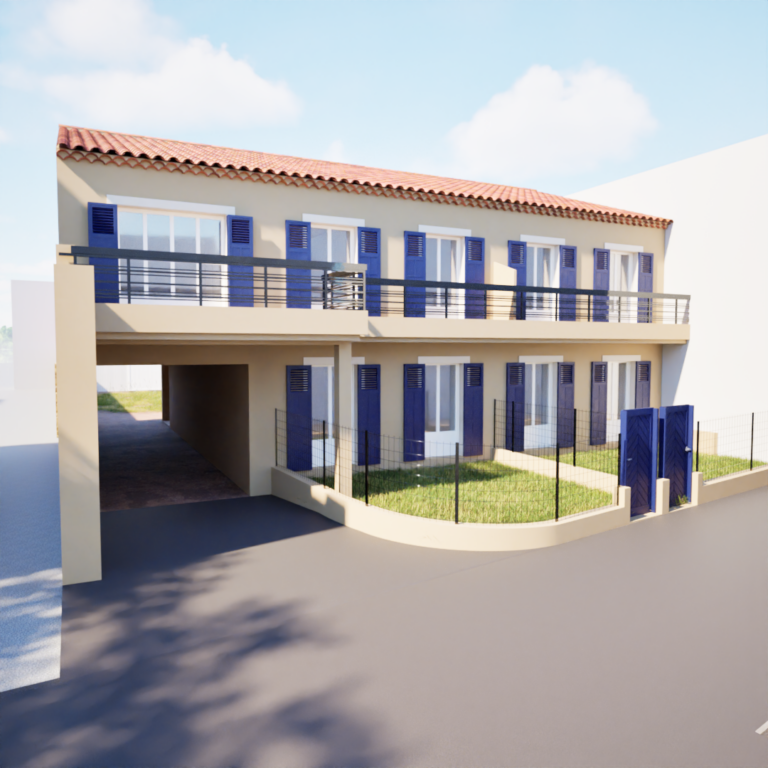 Rendu 3D d’un petit immeuble de deux niveaux au style méditerranéen (toit en tuiles, volets bleus) avec balcon continu à l’étage, passage couvert/garage au rez-de-chaussée et petites parcelles engazonnées clôturées en façade — proposition de collectif locatif étudiée à Vidauban.
