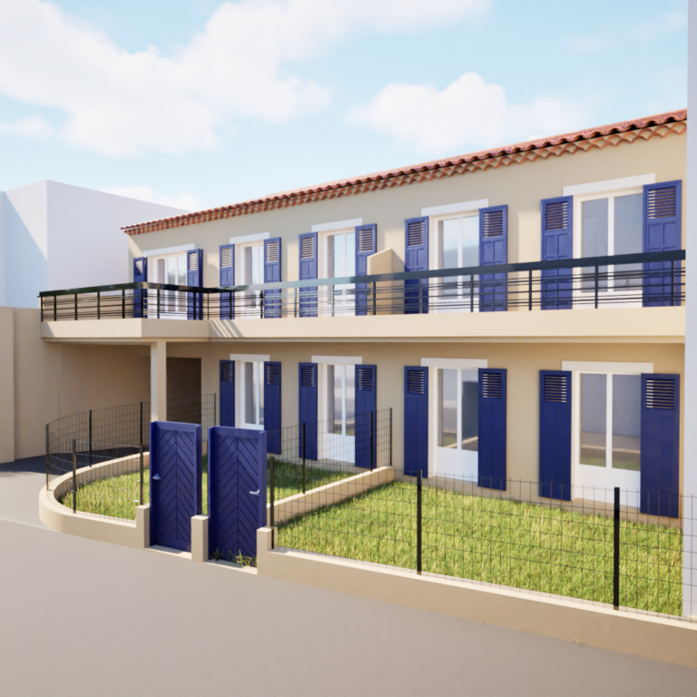 Rendu photoréaliste d’un petit immeuble à Vidauban : façade beige avec tuiles, volets bleus, balcon filant au premier étage et jardins clôturés au rez-de-chaussée avec un portail bleu en premier plan.