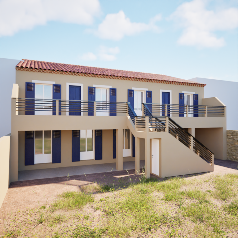 Rendu photoréaliste d’un petit immeuble provençal surélevé avec toit en tuiles rouges, volets bleu marine, balcon et escalier extérieur menant aux logements du premier étage, vide sanitaire ajouré en rez-de-chaussée et terrain enherbé au premier plan.