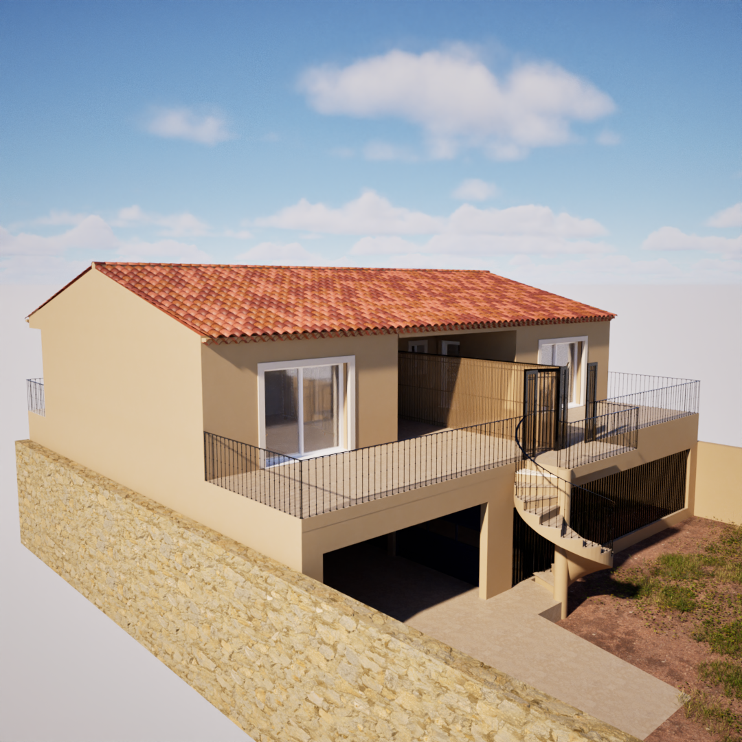 Rendu 3D d’un petit immeuble provençal surélevé avec toit en tuiles, terrasse périphérique protégée par garde-corps, escalier extérieur hélicoïdal et vide sanitaire ajouré, adossé à un mur en pierre.